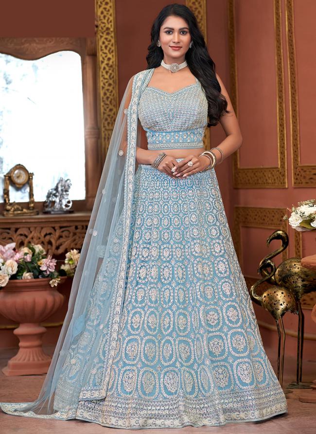 Net Sky Blue Bridal Wear Zarkan Work Readymade Lehenga Choli